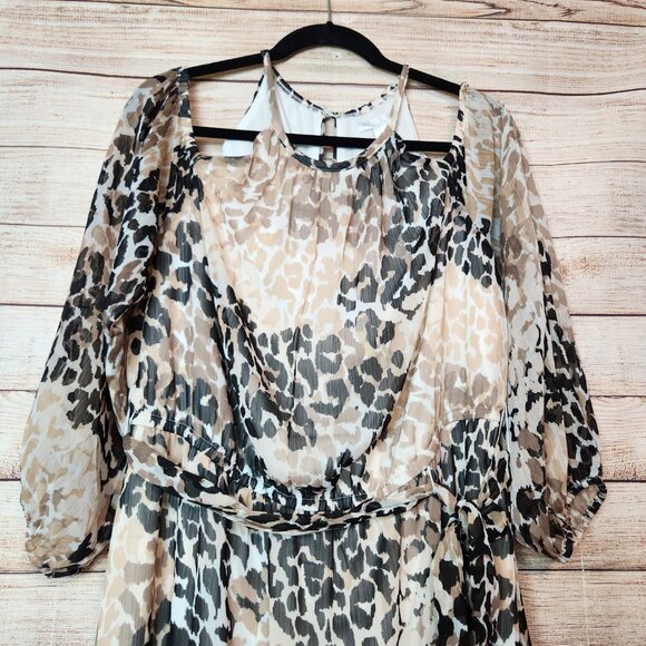 London Times Woman Cold Shoulder Midi Leopard Print Beige Brown Dress Size 1X - Picture 2 of 16